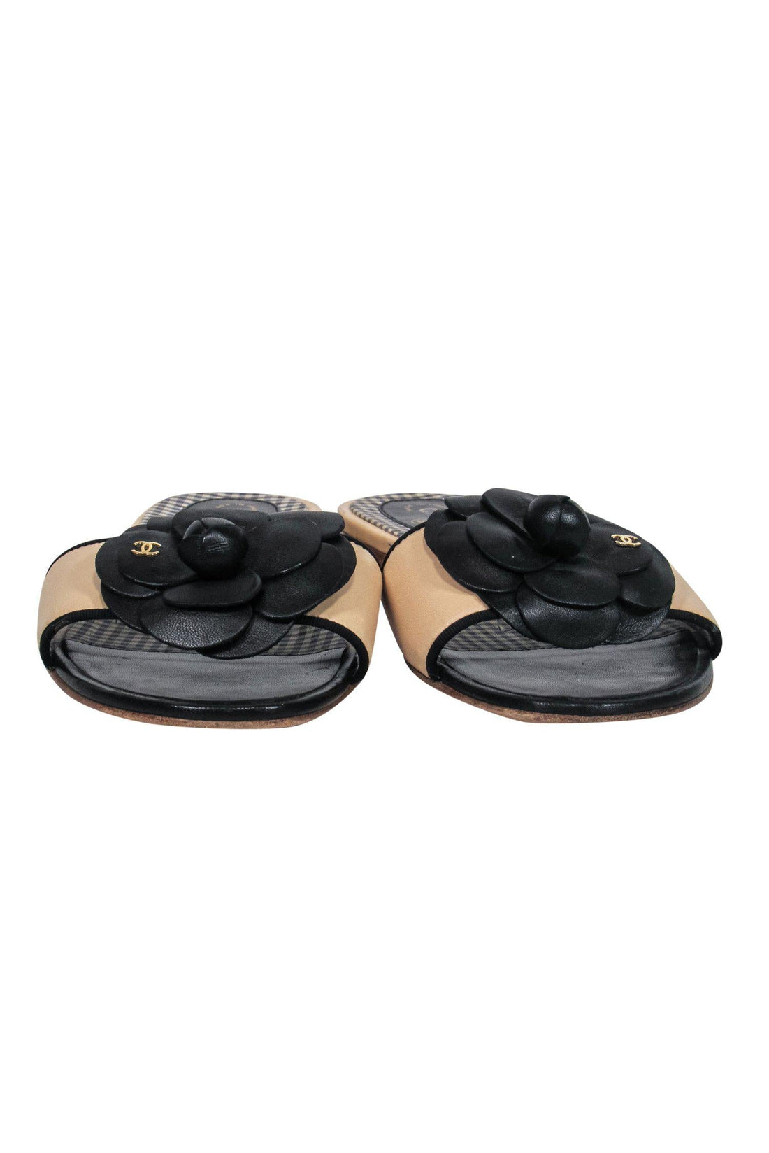Chanel - Beige Leather "Camilla" Slide Sandals w/ Rosette Sz 8