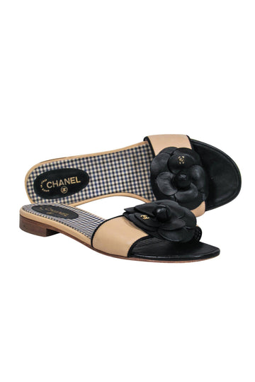Chanel - Beige Leather "Camilla" Slide Sandals w/ Rosette Sz 8