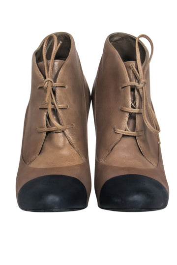 Chanel  Beige Leather Stiletto w/ Navy Blue Cap Toe Lace Up Booties Sz 7