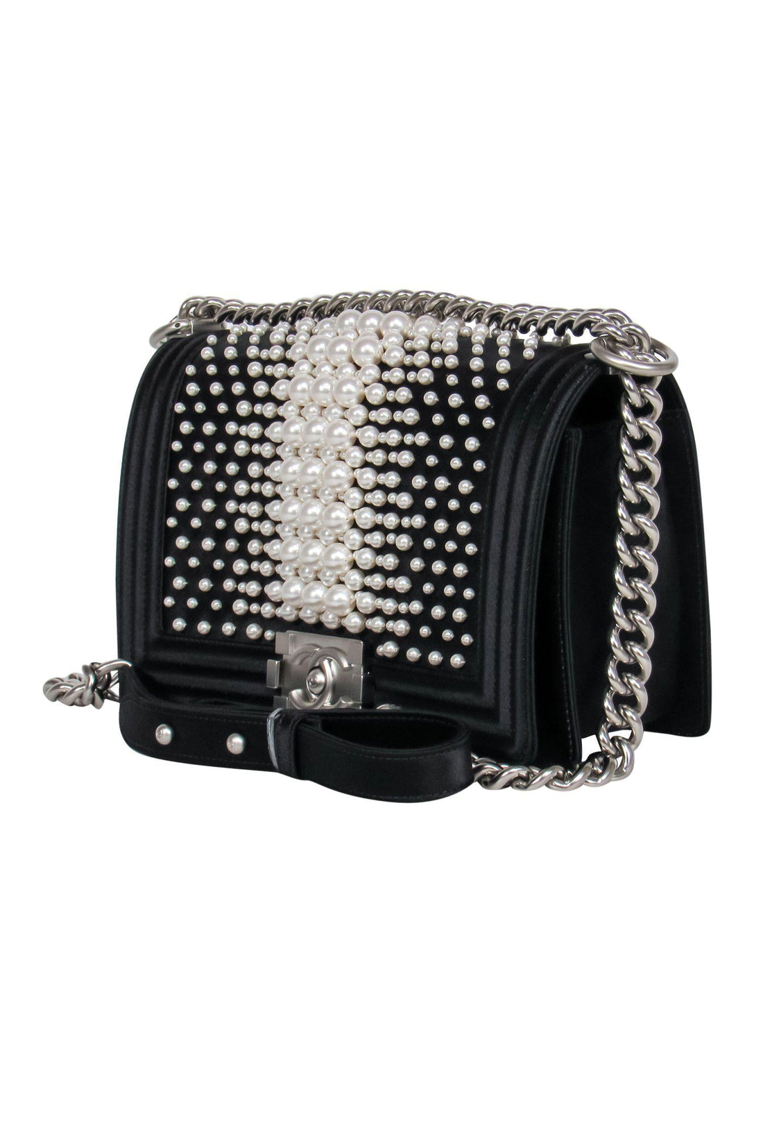 Chanel - Black Fold Over Chain Boy Bag w/ Pearl Embellishments