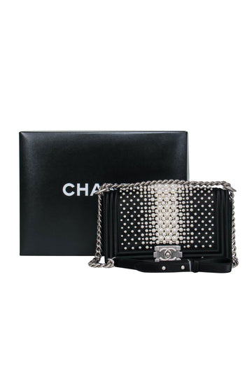 Chanel - Black Fold Over Chain Boy Bag w/ Pearl Embellishments
