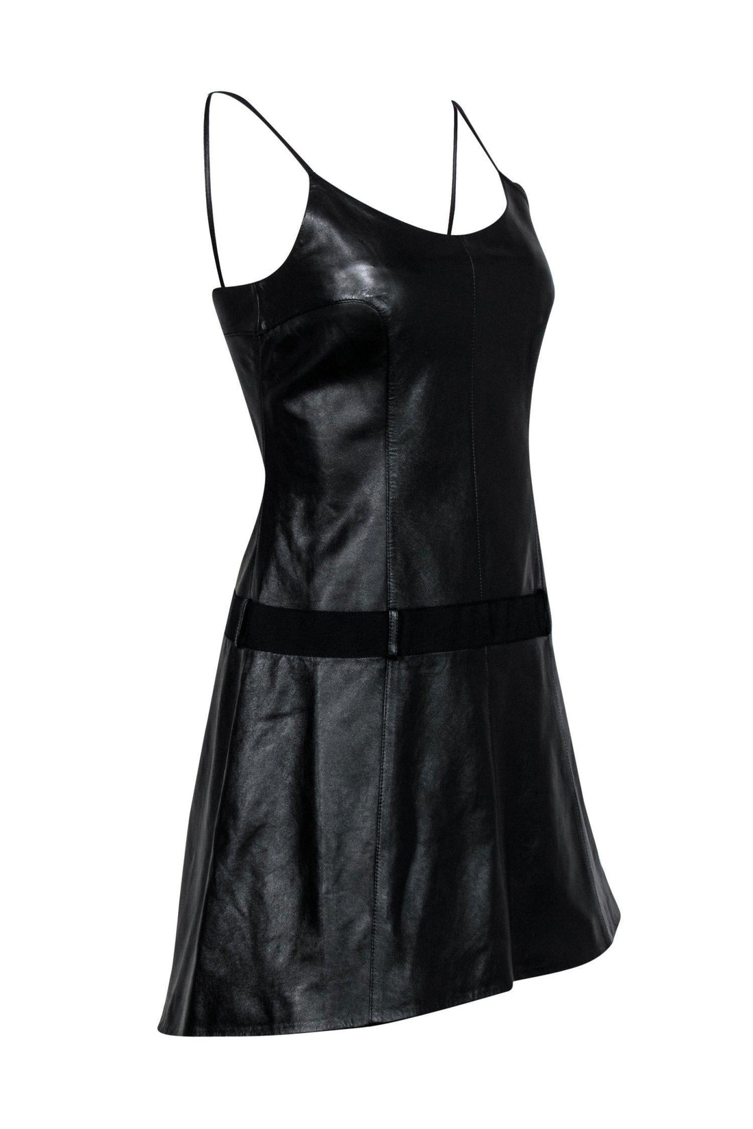 Chanel - Black Lambskin Leather Drop-Waist Flared Dress Sz 6