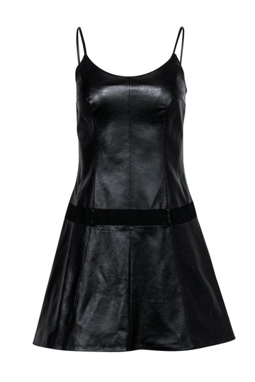 Chanel - Black Lambskin Leather Drop-Waist Flared Dress Sz 6