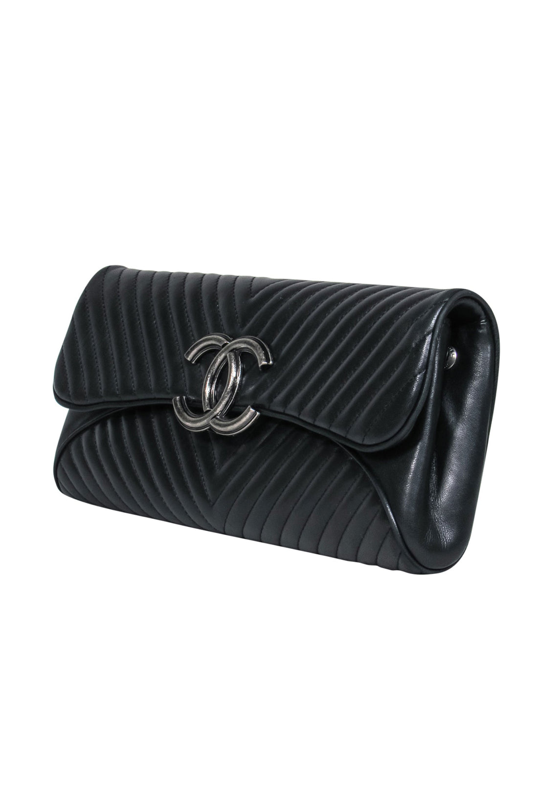 Chanel - Black Leather Chevron Clutch