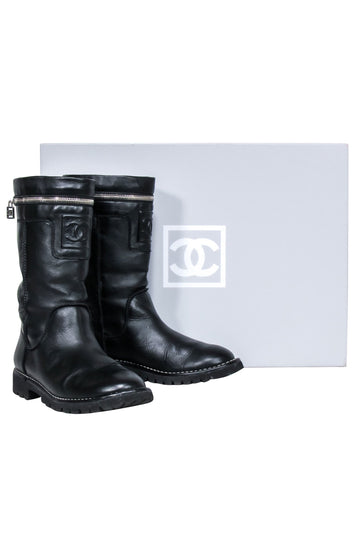 Chanel - Black Leather Mid Calf Boots Sz 7