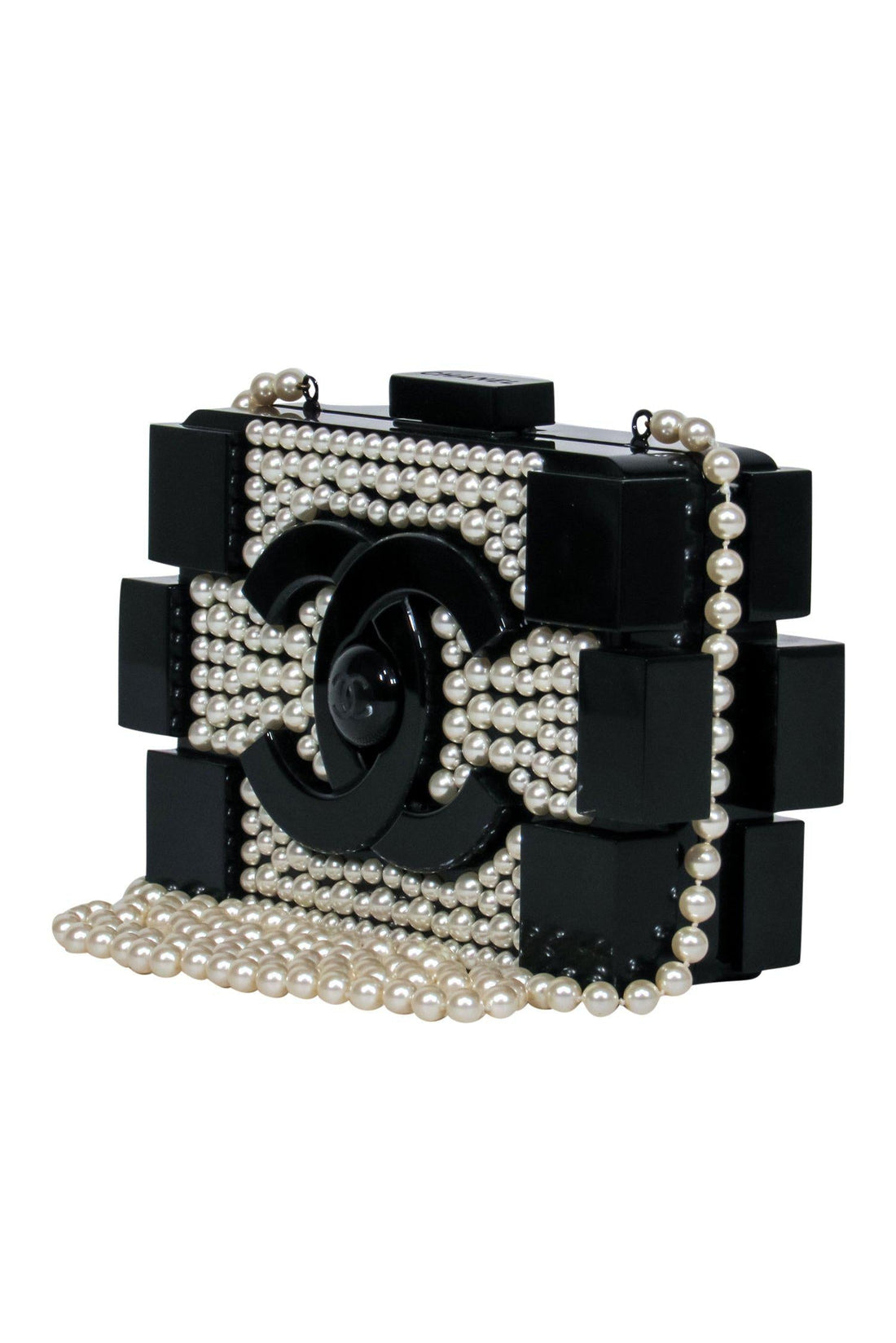 Chanel - Black Lucite Structured Lego "Minaudiere" Crossbody w/ Pearl Embellishments