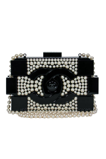Chanel - Black Lucite Structured Lego "Minaudiere" Crossbody w/ Pearl Embellishments