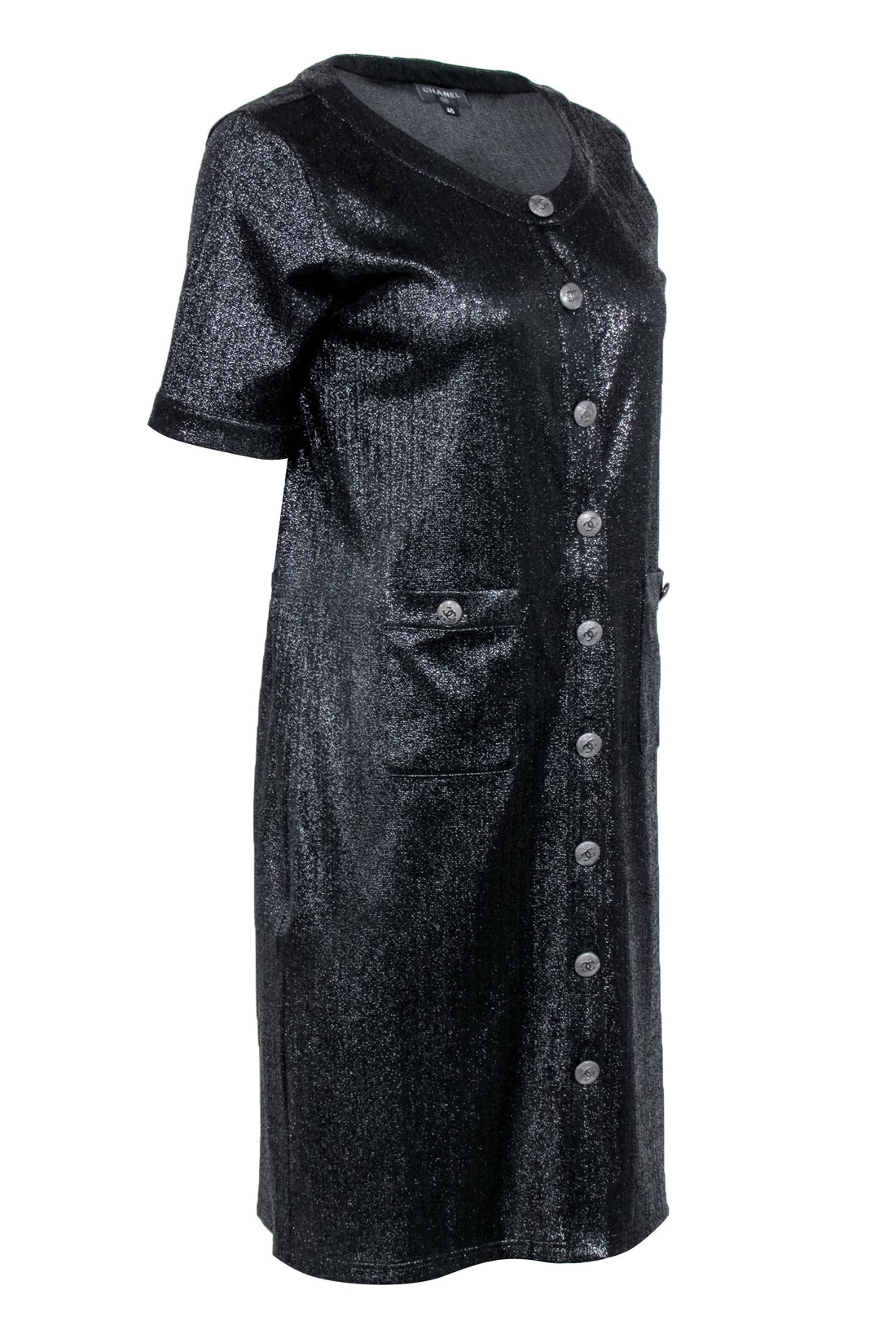 Chanel - Black Metallic Button Front Shirt Dress Sz 8