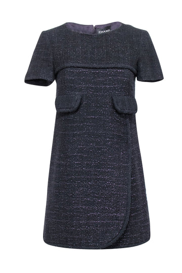 Chanel - Black & Metallic Purple Tweed Short Sleeve Dress Sz 4