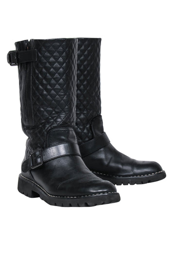 Chanel - Black Quilted Leather Biker Boots Sz 8