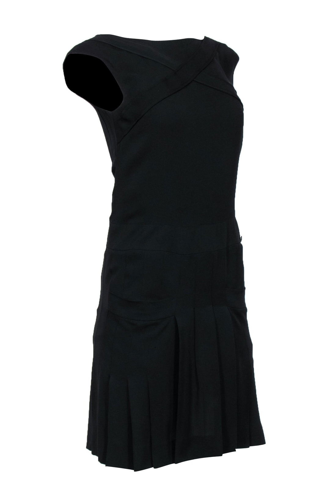 Chanel - Black Silk Drop-Waist Sleeveless Dress w/ Pleated Skirt & Pockets Sz 2