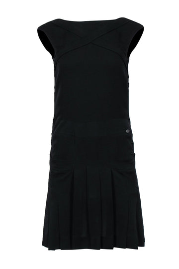 Chanel - Black Silk Drop-Waist Sleeveless Dress w/ Pleated Skirt & Pockets Sz 2