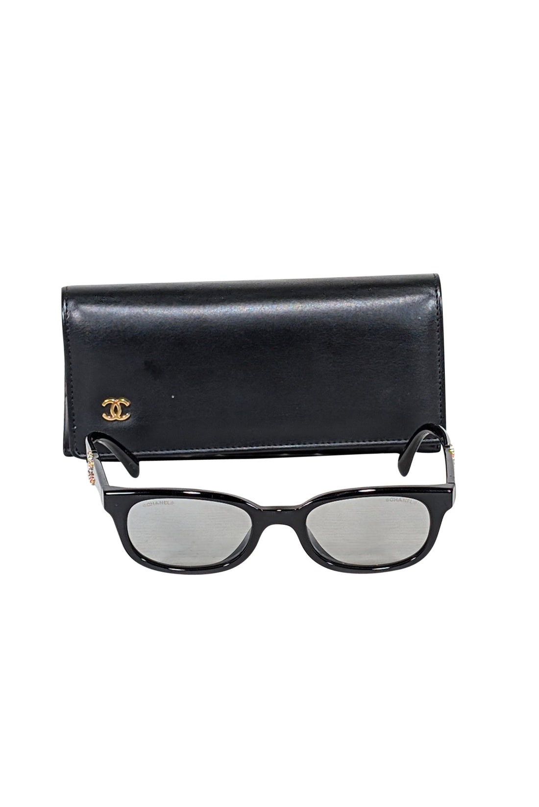 Chanel - Black Slim Sunglasses w/ Interlocking Rhinestone Logo