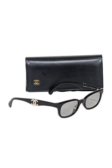 Chanel - Black Slim Sunglasses w/ Interlocking Rhinestone Logo
