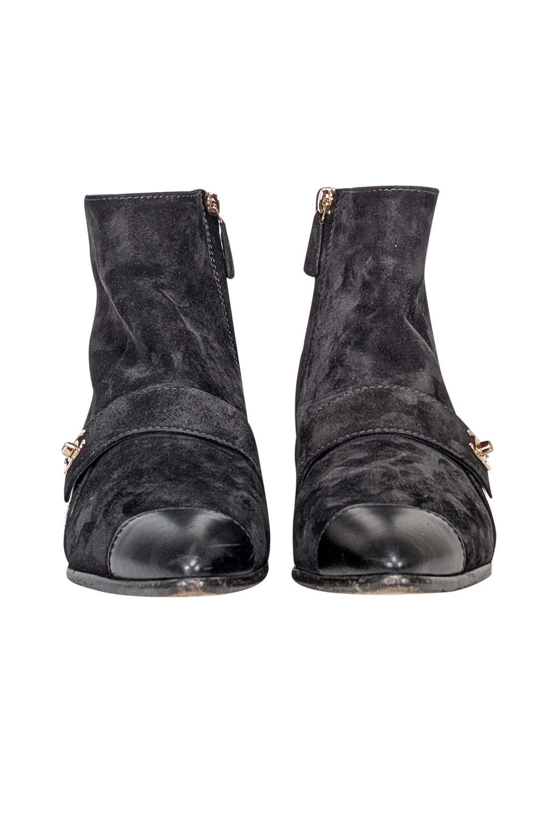 Chanel - Black Suede Leather Toe Short Boots Sz 10