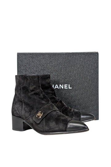 Chanel - Black Suede Leather Toe Short Boots Sz 10