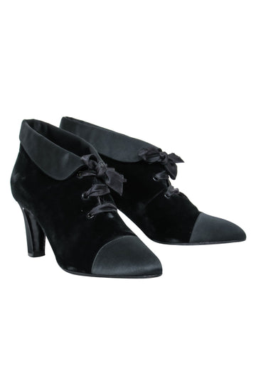 Chanel - Black Velvet Lace Up Booties Sz