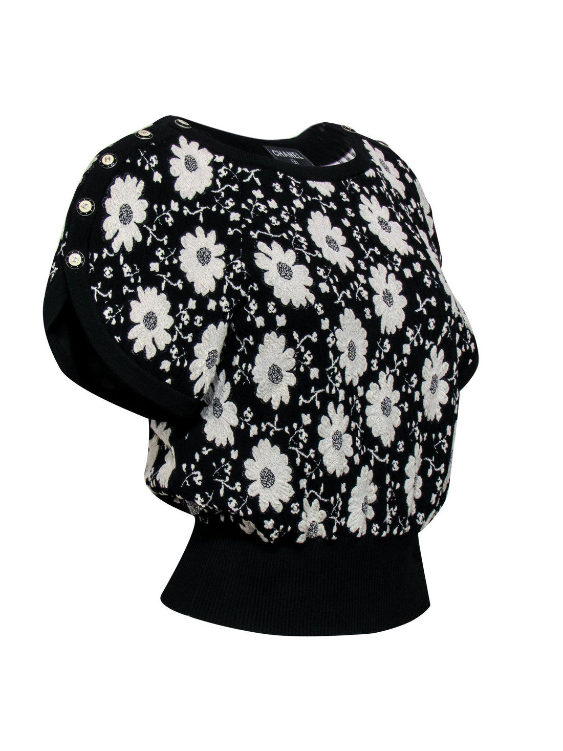 Chanel - Black & White Floral Embroidered Short Sleeve Sweater Sz 4