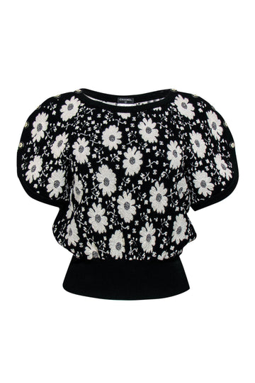 Chanel - Black & White Floral Embroidered Short Sleeve Sweater Sz 4