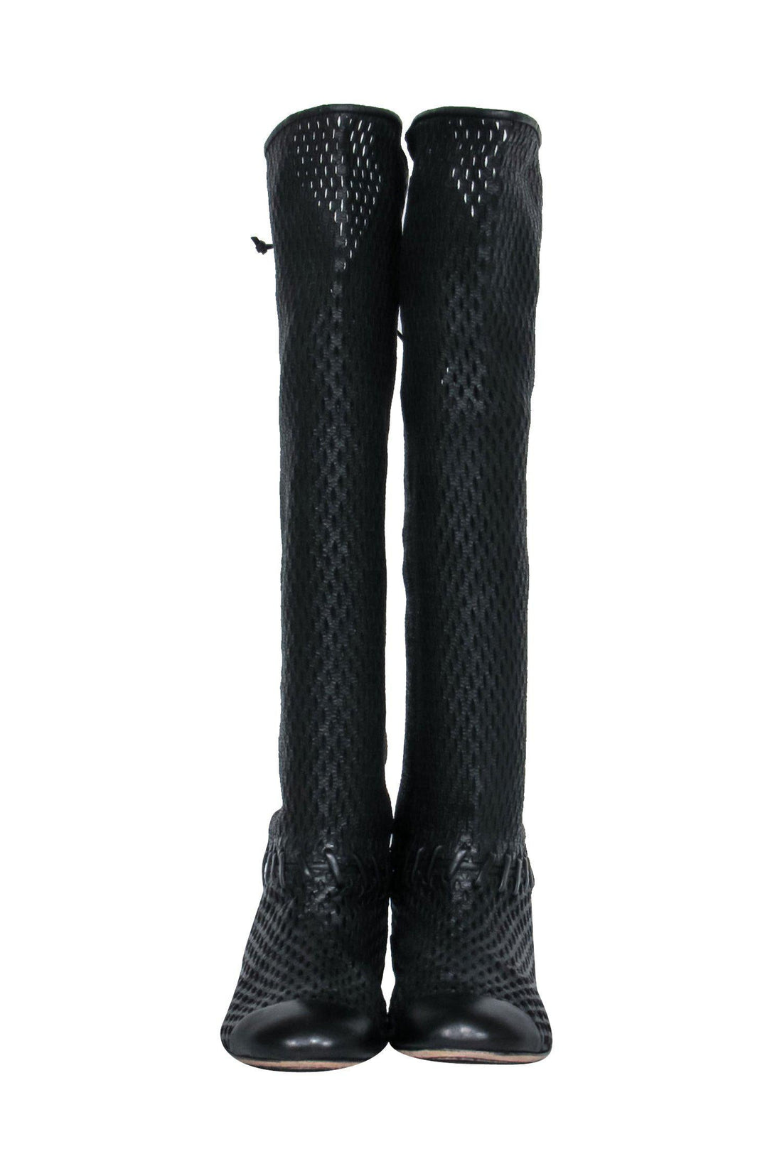 Chanel - Black Woven Knee High Lace-Up Boots Sz 7
