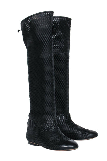 Chanel - Black Woven Knee High Lace-Up Boots Sz 7