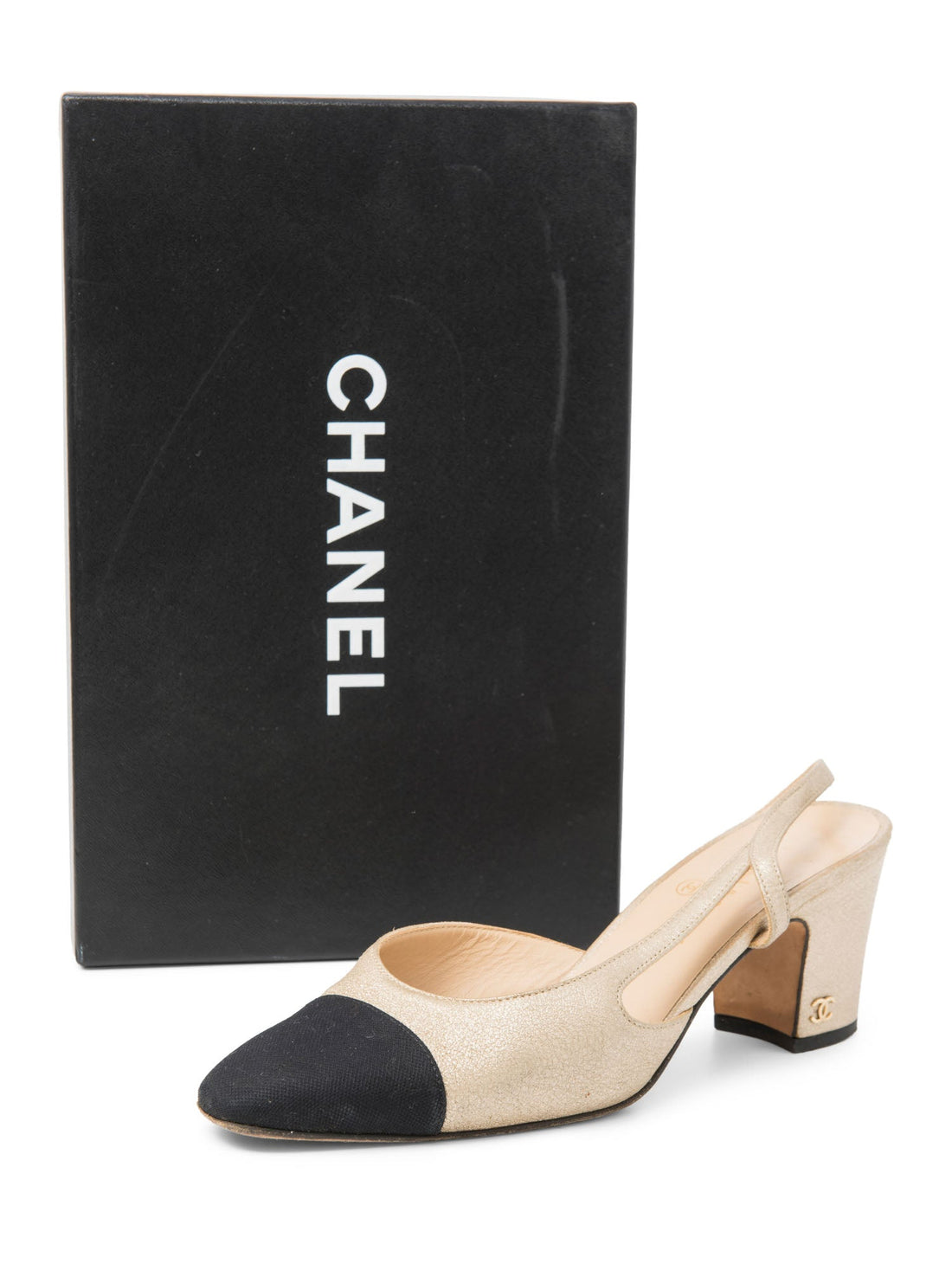 Chanel CC Logo Cap Toe Slingback Heels Gold Black
