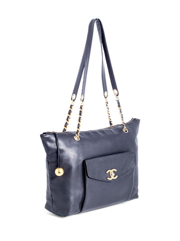 Chanel CC Logo Caviar Leather Shopper Bag Black