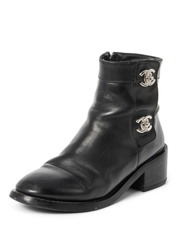 Chanel CC Logo Leather Ankle Biker Boots Black Silver