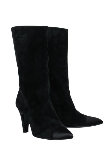 Chanel - Cap Toe Mid-Calf Black Suede Boots w/ Embroidery Sz 8