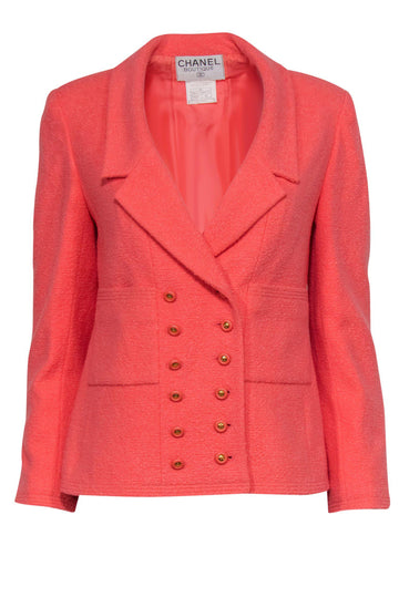 Chanel - Coral Tweed Button-Front Blazer w/ Gold Buttons Sz