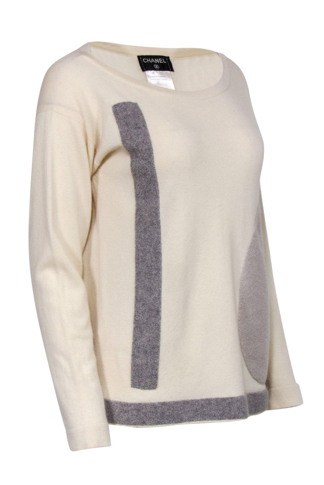 Chanel - Cream & Gray Patchwork Cashmere Sweater w/ Pocket Sz 2