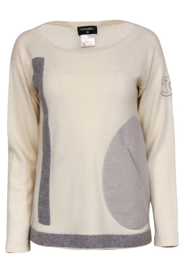 Chanel - Cream & Gray Patchwork Cashmere Sweater w/ Pocket Sz 2