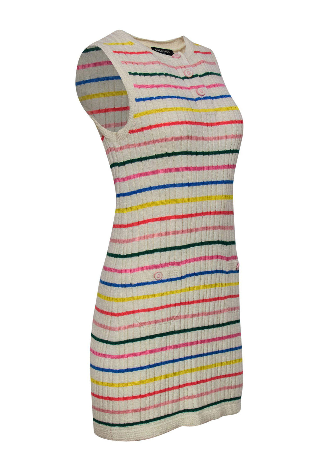 Chanel - Cream & Multicolored Striped Sleeveless Ribbed Knit Sweater Dress Sz 4