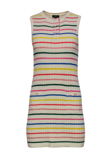 Chanel - Cream & Multicolored Striped Sleeveless Ribbed Knit Sweater Dress Sz 4