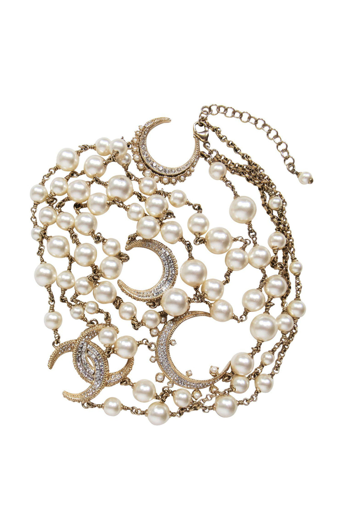 Chanel - Gold Faux Pearl Crescent Moon Long Necklace w/ Rhinestones