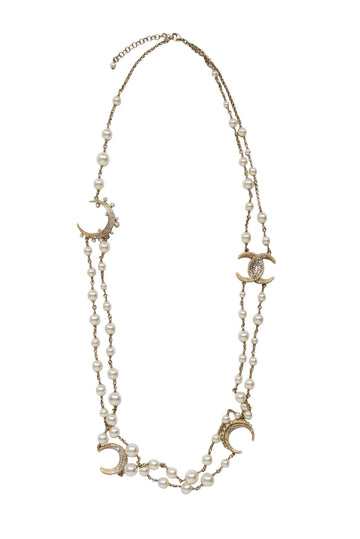 Chanel - Gold Faux Pearl Crescent Moon Long Necklace w/ Rhinestones