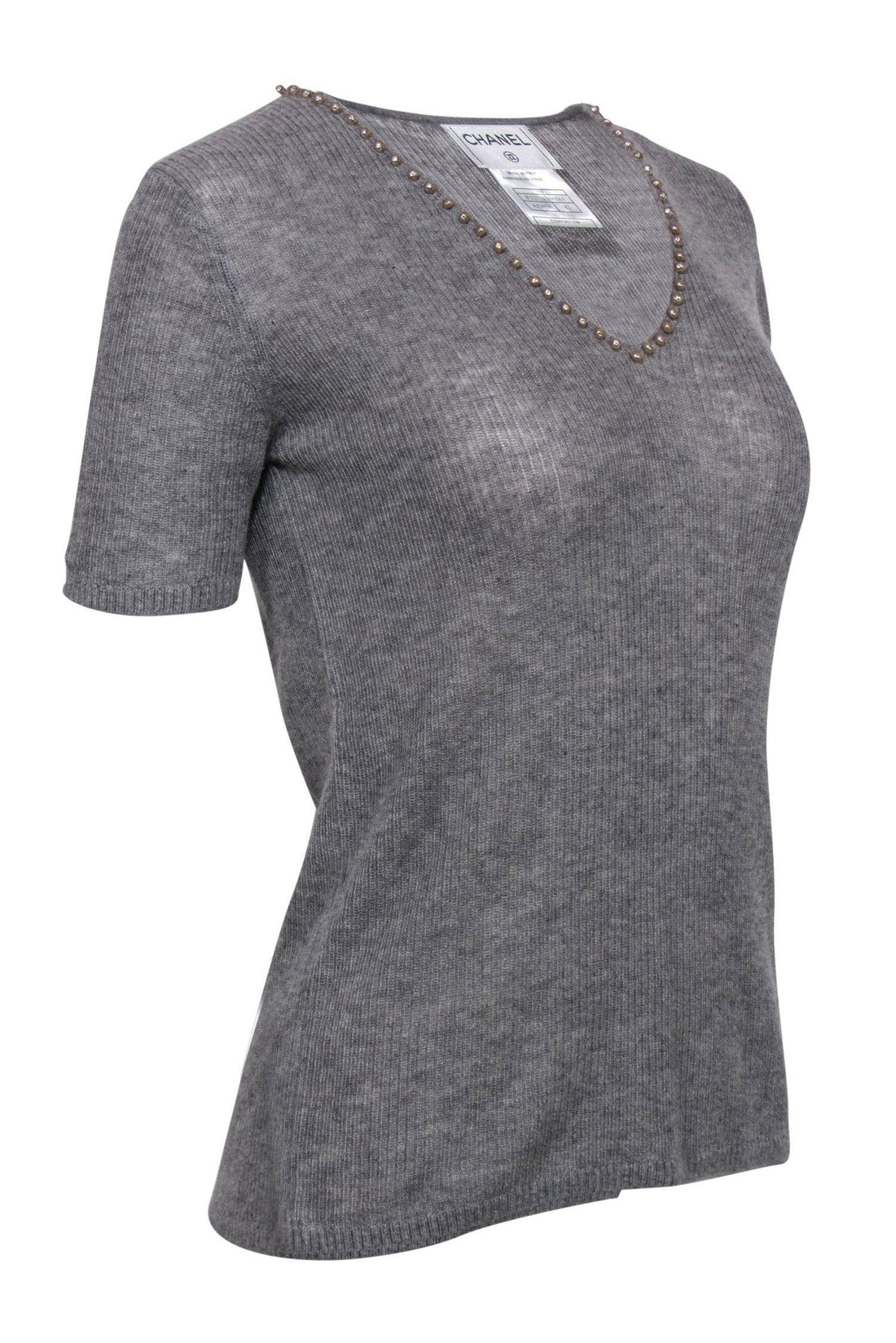 Chanel - Grey Cashmere Blend Knit Short Sleeve Sweater w/ Pearl Trim Sz 10
