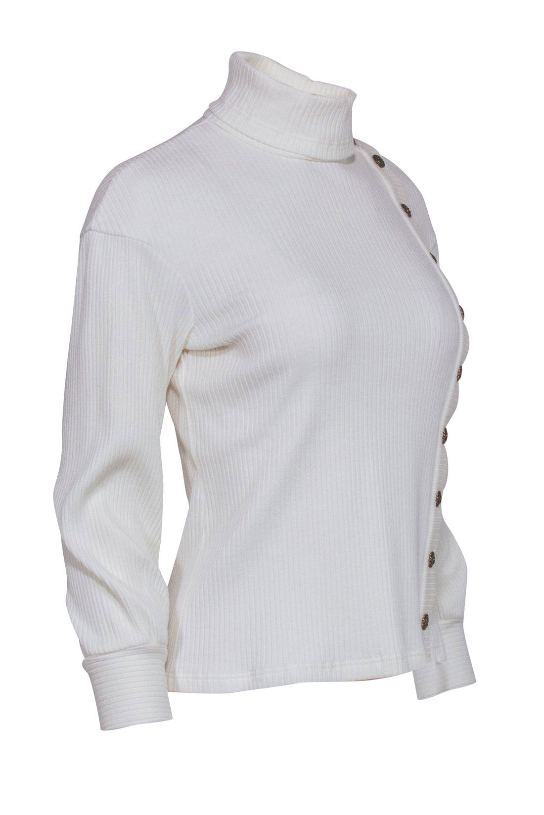 Chanel  Ivory Ribbed Knit Long Sleeve Side Button Top Sz 4