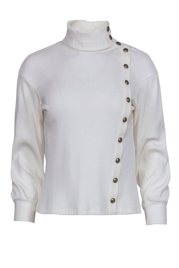 Chanel  Ivory Ribbed Knit Long Sleeve Side Button Top Sz 4