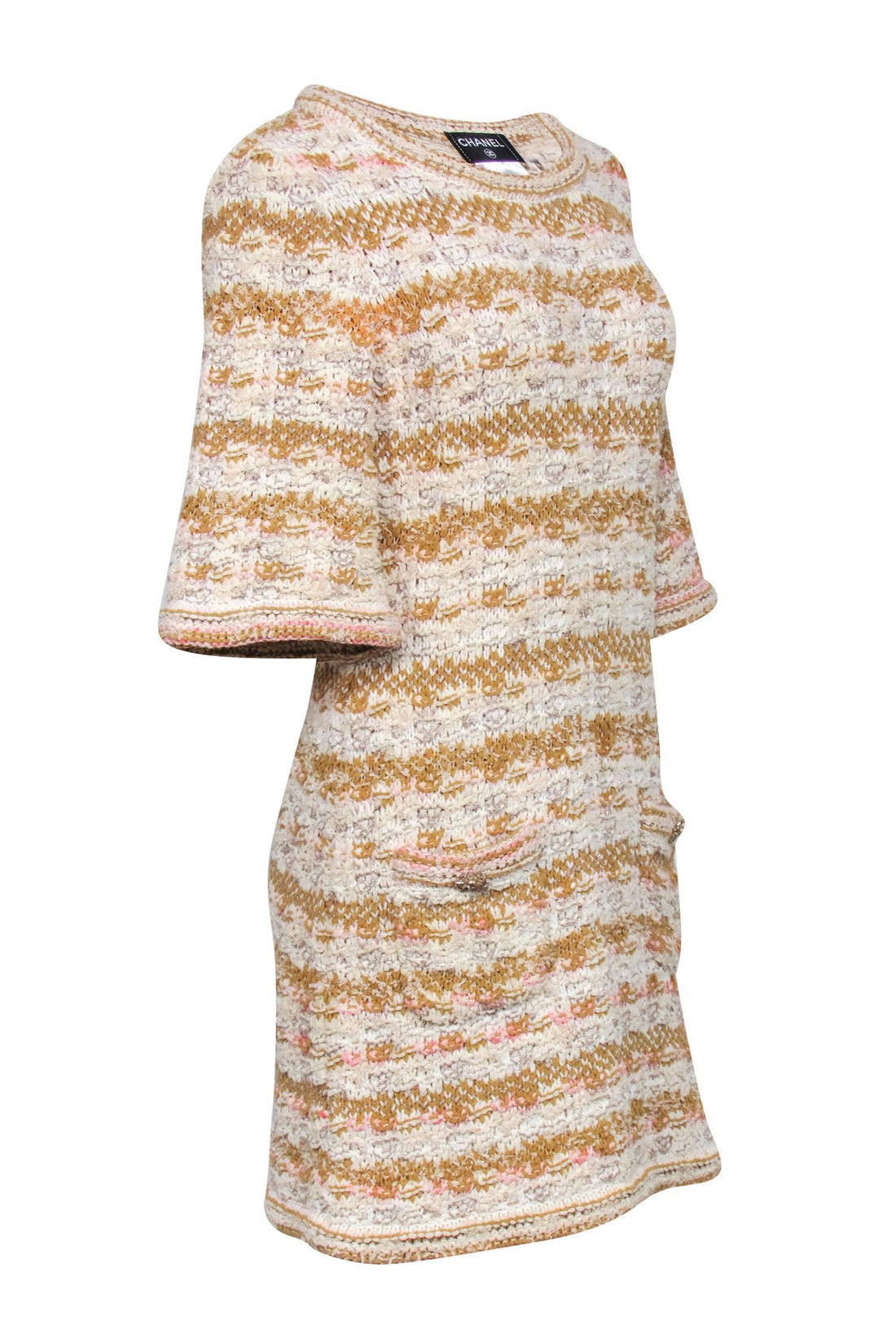 Chanel - Ivory, Tan, & Pink Tweed Knit Dress Sz 4