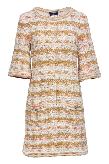 Chanel - Ivory, Tan, & Pink Tweed Knit Dress Sz 4