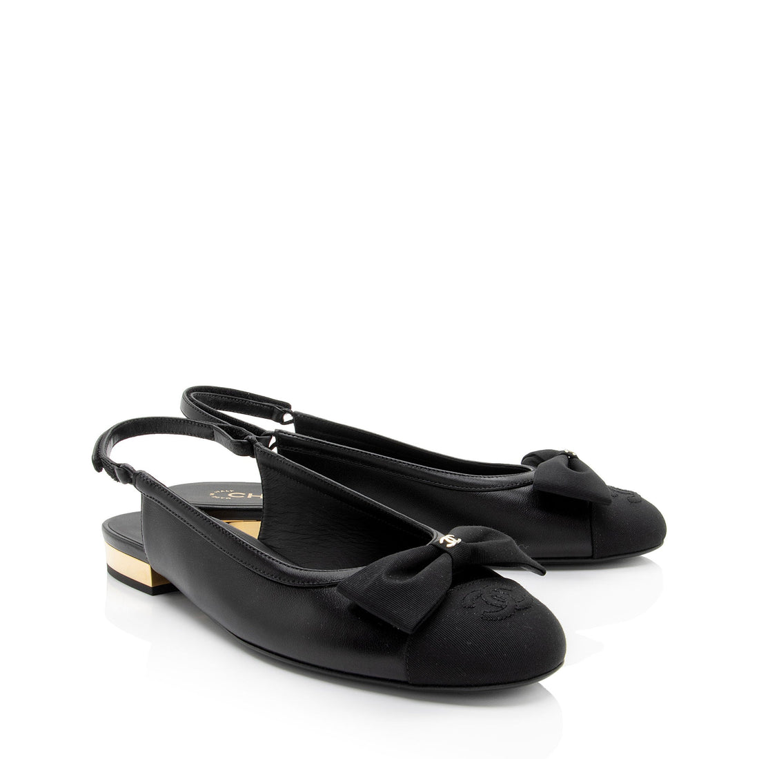 Pearl Street Bags Chanel Lambskin Grosgrain Bow CC Captoe Slingback Flats - Size 8.5 / 38.5 (SHF-UU3dKk)