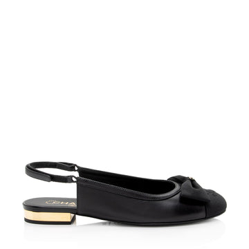 Pearl Street Bags Chanel Lambskin Grosgrain Bow CC Captoe Slingback Flats - Size 8.5 / 38.5 (SHF-UU3dKk)