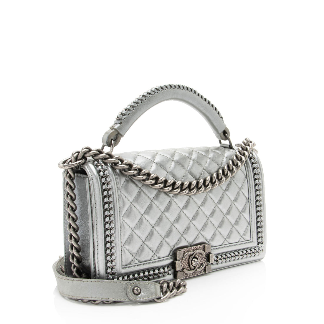 Chanel Metallic Aged Calfskin Chain Top Handle Medium Boy Bag (SHF-RO5g92)