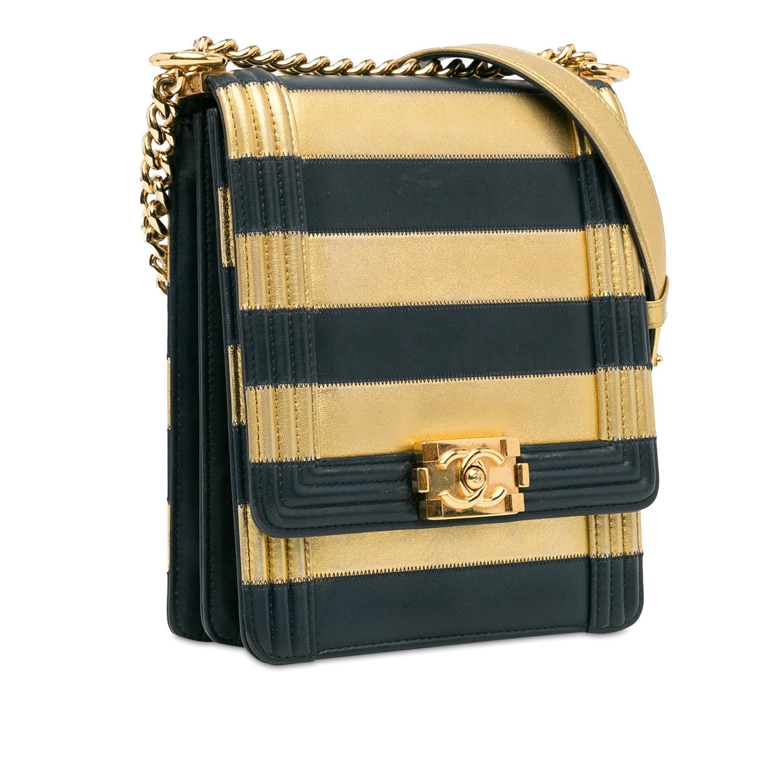 Pearl Street Bags Chanel Metallic Lambskin Striped North South Boy Flap (SHG-gdf9Ua)