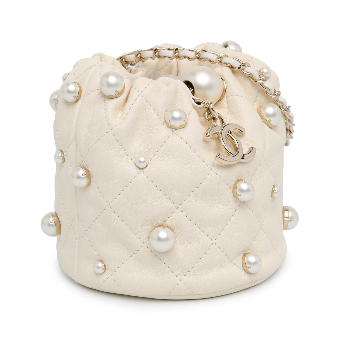 Pearl Street Bags Chanel Mini Quilted Lambskin About Pearls Drawstring Bucket Bag (SHG-KIu1EB)
