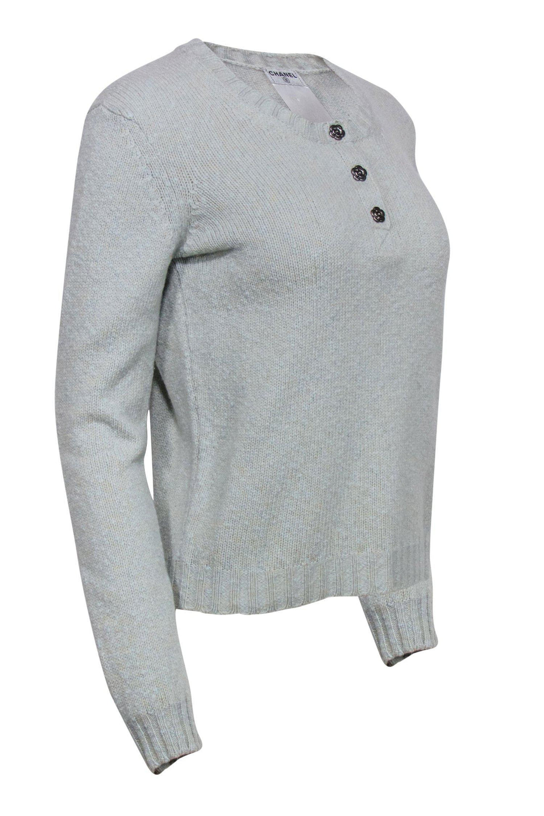 Chanel - Mint Green Quarter Button-Up Sweater w/ Flower Buttons Sz 10