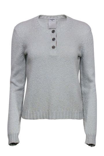 Chanel - Mint Green Quarter Button-Up Sweater w/ Flower Buttons Sz 10