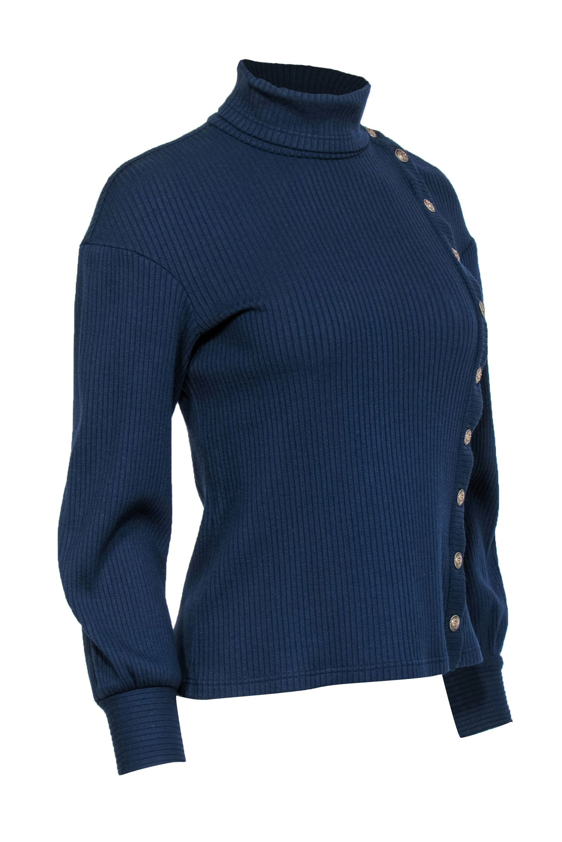 Chanel - Navy Ribbed Asymmetrical Anchor Button Sweater Sz M