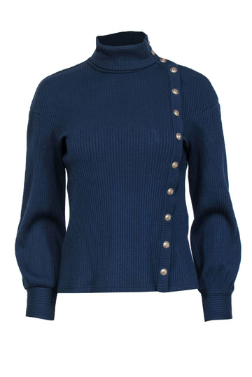 Chanel - Navy Ribbed Asymmetrical Anchor Button Sweater Sz M